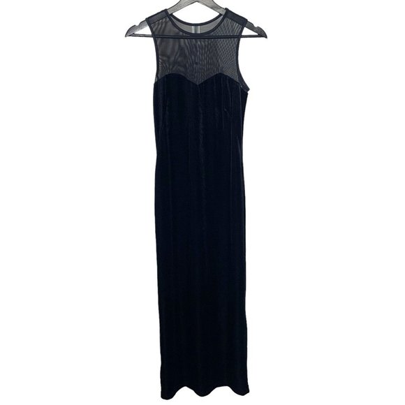 Vintage Dresses & Skirts - Vintage 90s Black Sleeveless Sweetheart Neck Mesh Velvet Full Length Dress Small